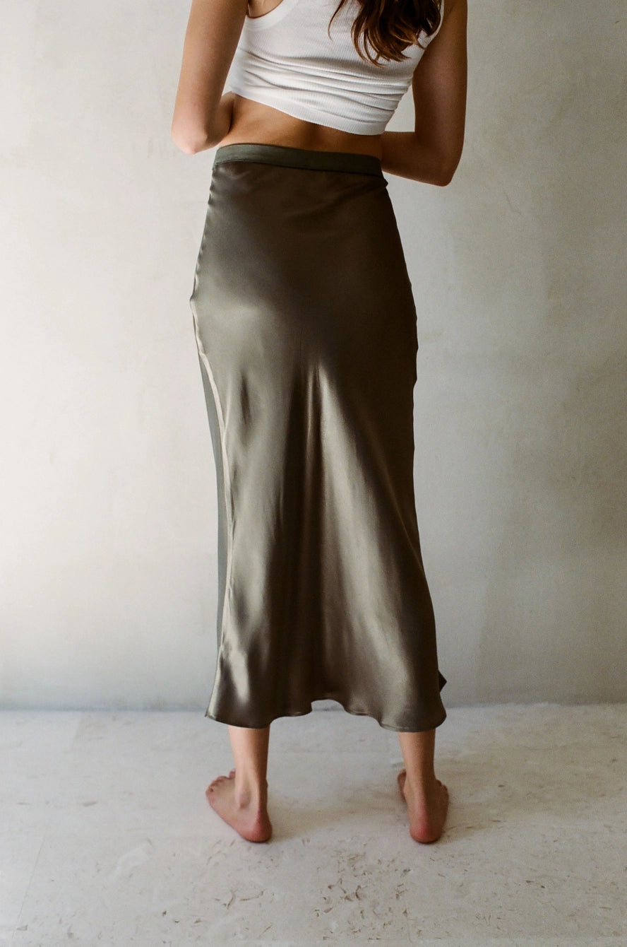 satin olive long skirt