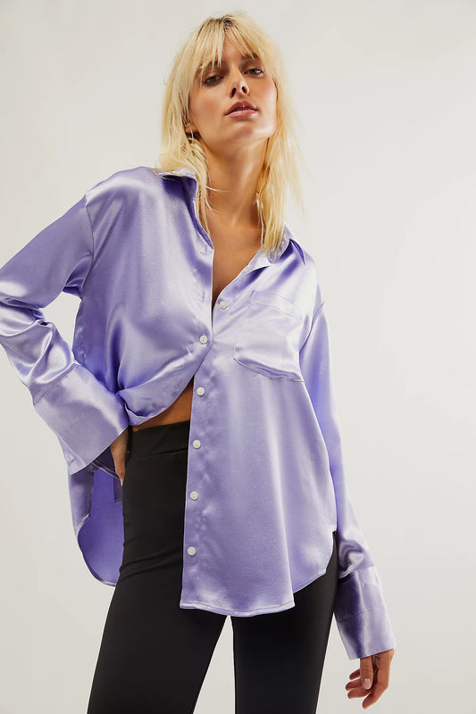 women's satin oversized button-down