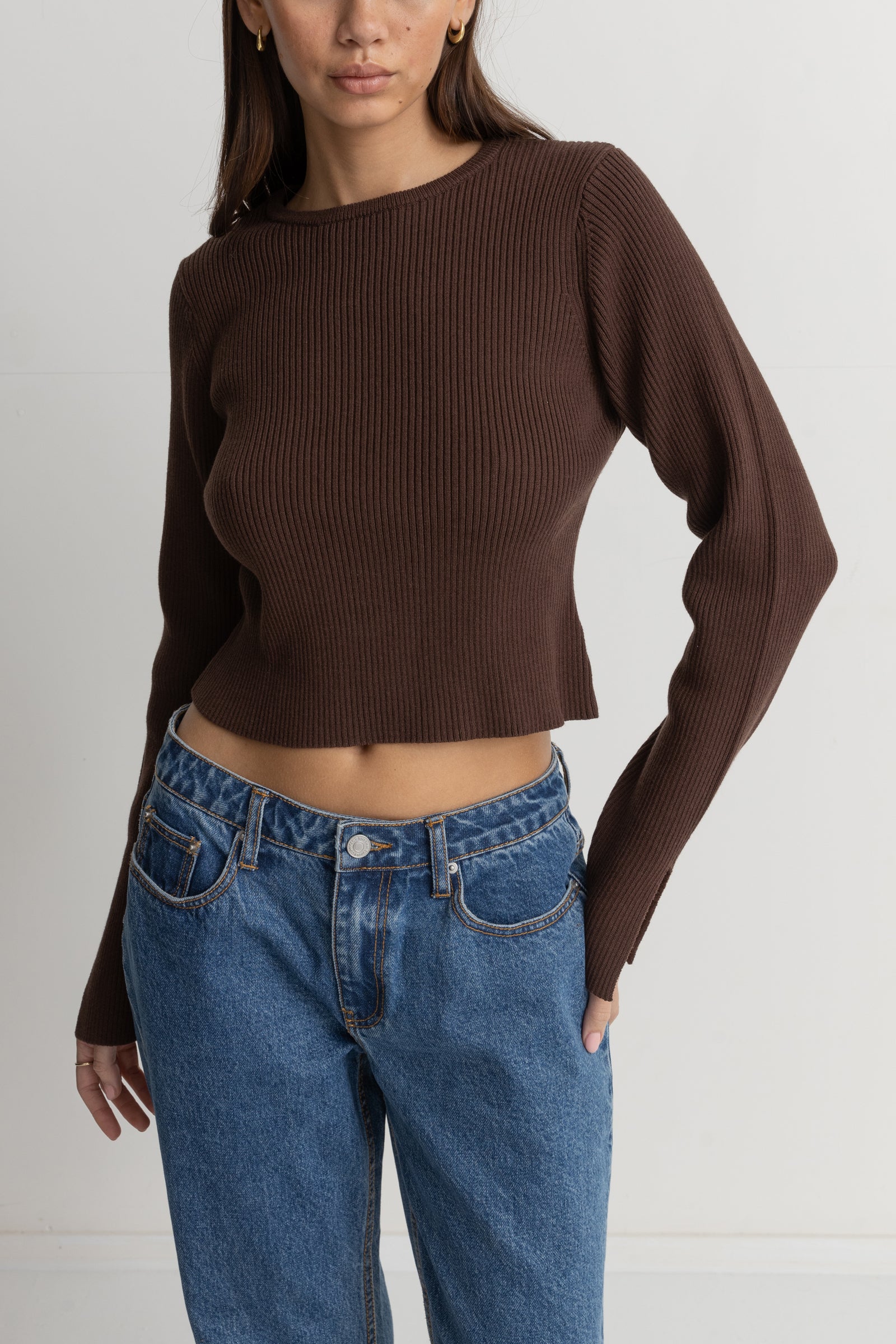 Brown Ribber Long Sleeve Top